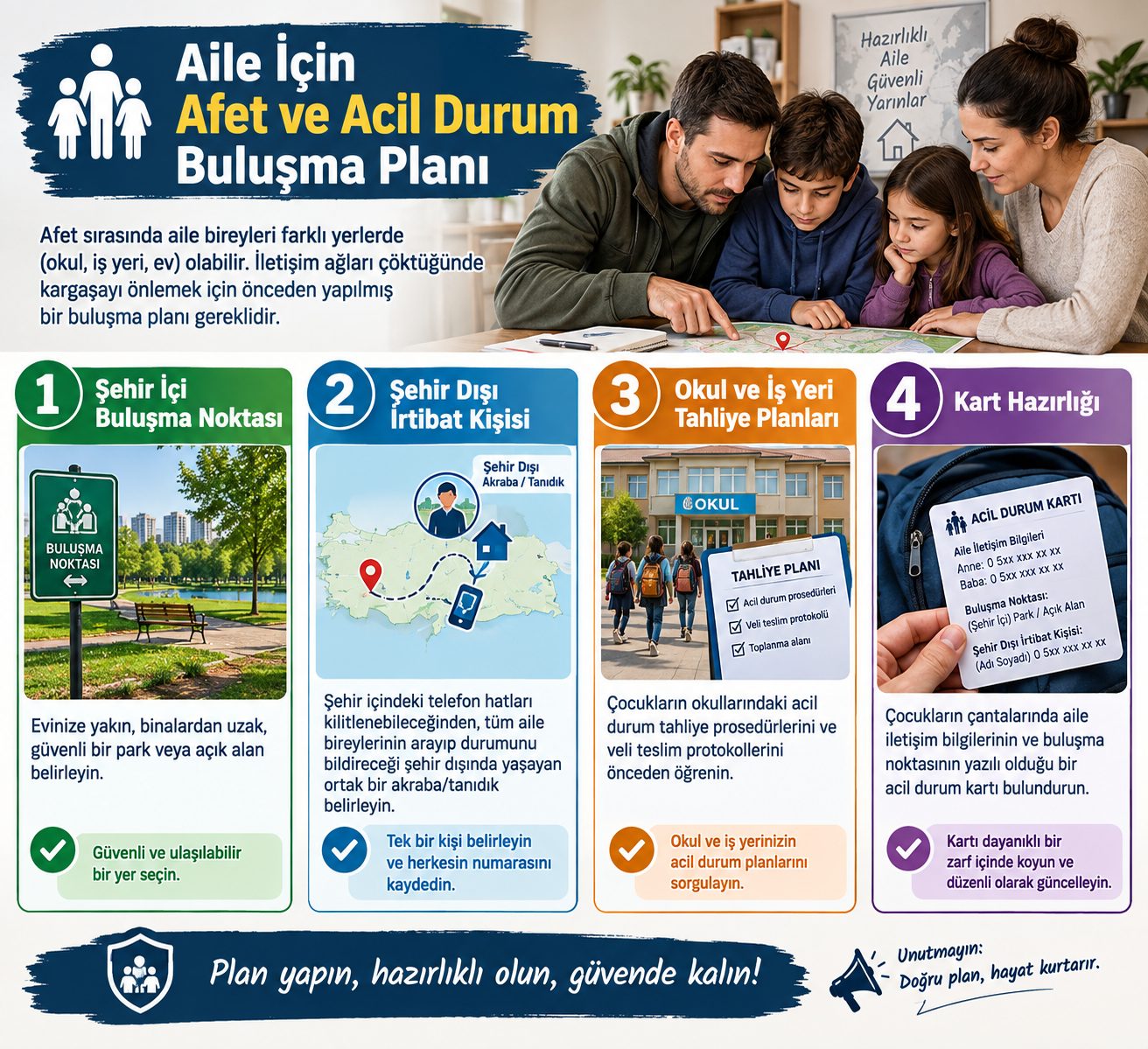 Aile için afet ve acil durum buluşma planı infografiği